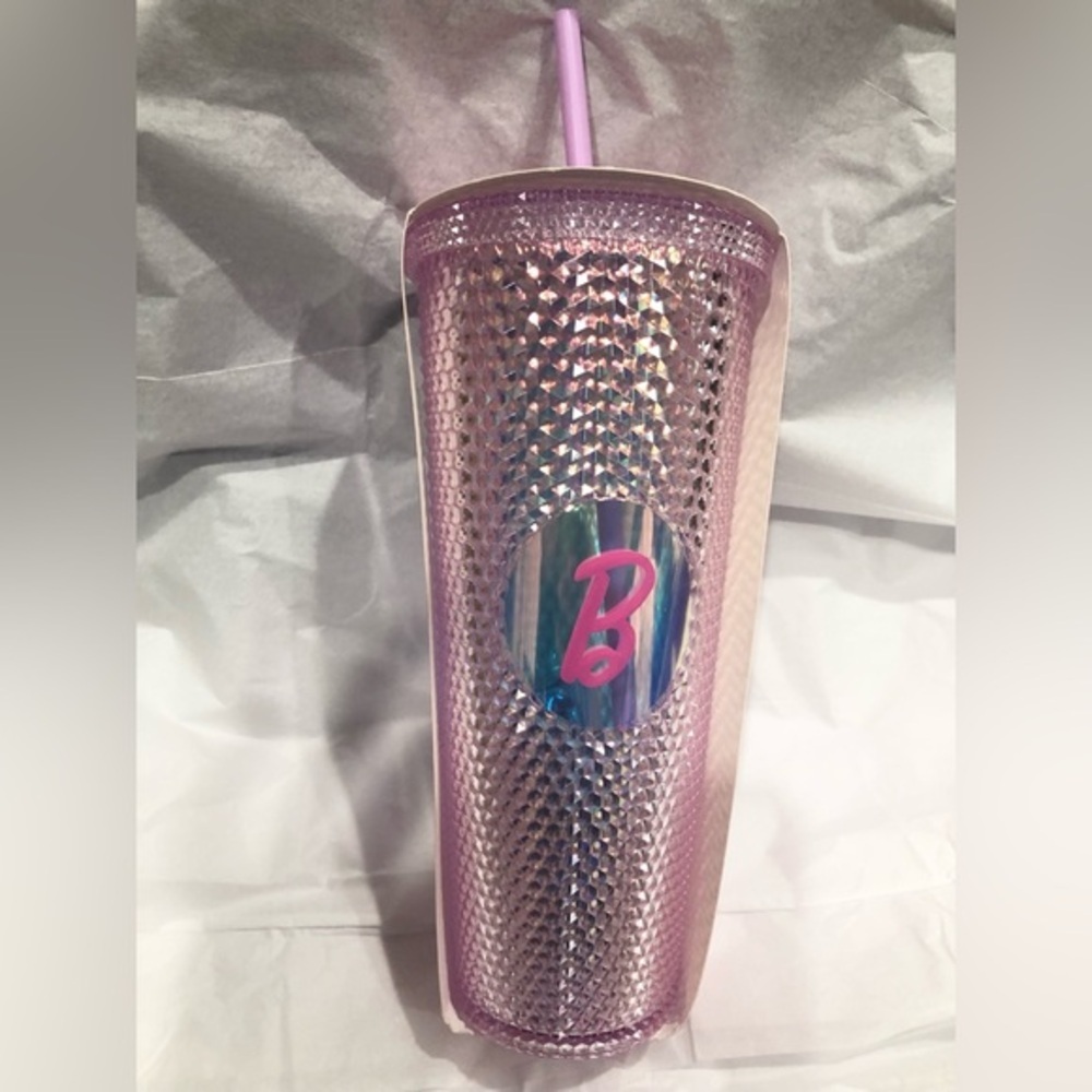 Barbie pink diamond shaped studded tumbler with‎ pink straw new